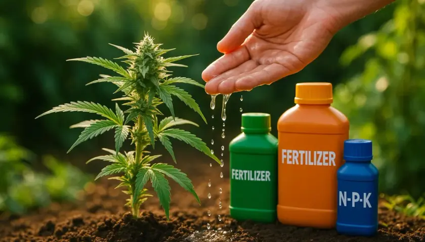 Piantina autofiorenti in terra, mano che annaffia, fertilizzanti. Ideale per chi cerca la temperatura minima ideale per la crescita.