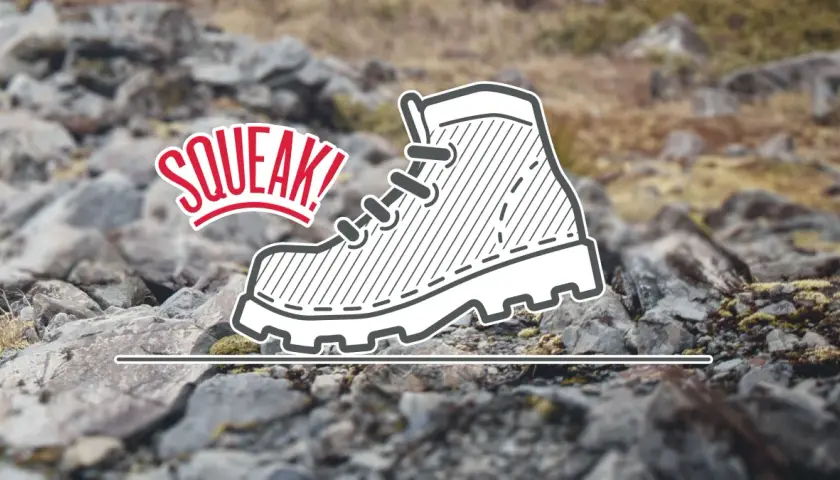 Illustration of a boot with "SQUEAK!" text, hinting at how to make boots quieter.