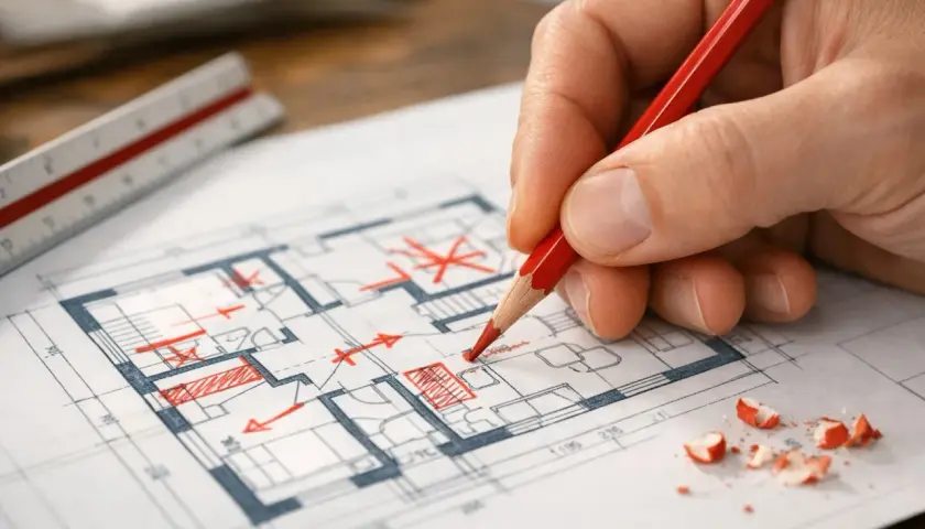Dłoń z czerwonym ołówkiem nanosi poprawki na plan architektoniczny. Zastanawiasz się, ile kosztuje adaptacja projektu?