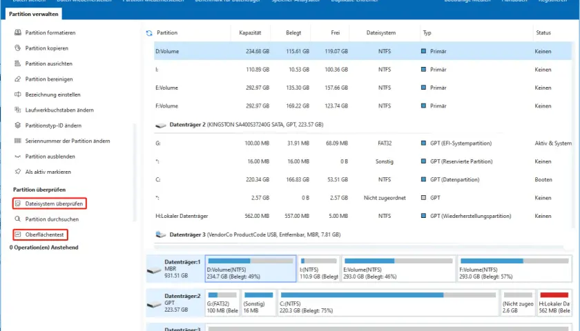 MiniTool Partition Wizard zeigt die Partitionen an. Ein "scandisk cmd" könnte hier helfen, die Integrität der Dateisysteme zu prüfen.