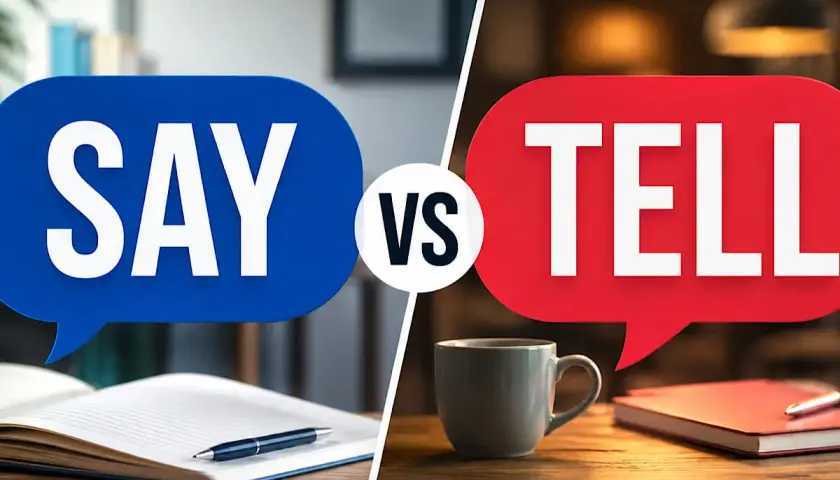 Due fumose bolle di dialogo, una blu con "SAY" e una rossa con "TELL", contrapposte. Cosa dire e cosa raccontare?