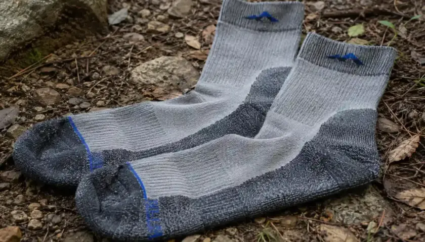 Gray hiking socks with blue mountain logos lie on the forest floor. Learn how to choose hiking socks for comfort and support.