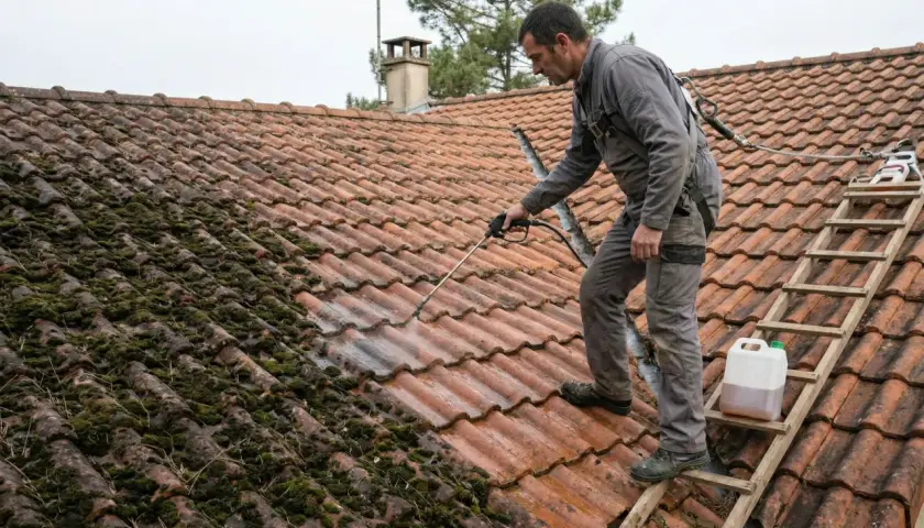 Un couvreur nettoie une toiture envahie par la mousse. Un entretien essentiel pour locataire ou propriétaire, garantissant la longévité de la maison.
