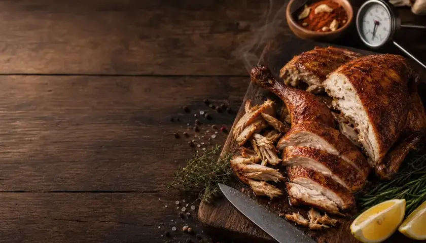 Un délicieux poulet fumé, coupé en tranches, prêt à être dégusté. Une recette savoureuse avec des herbes et des citrons.