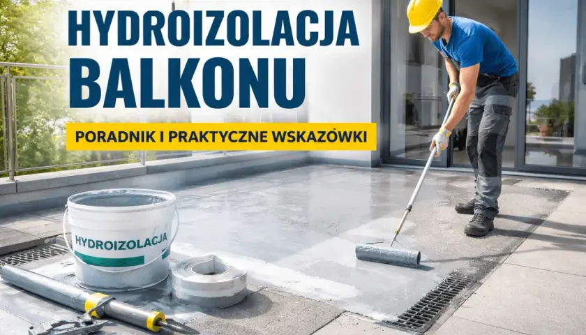Pracownik wykonuje hydroizolację balkonu, wałkując szarą masę. Obok wiadro z napisem "HYDROIZOLACJA".