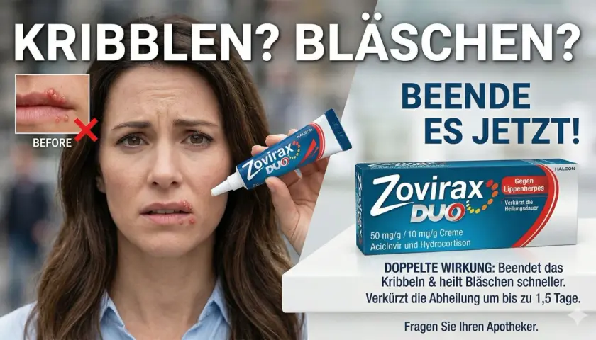 Frau mit Lippenherpes, die Zovirax Duo Creme hält. Die Creme hilft gegen das Kribbeln und heilt Bläschen schneller.