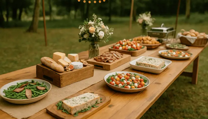 Buffet champêtre avec fromages, pain, salades de tomates et mozzarella, haricots verts, terrine. Une belle idée repas mariage champêtre.