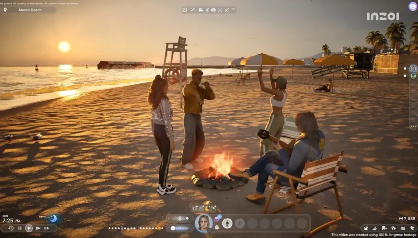 Grupa przyjaciół przy ognisku na plaży w grze symulator życia. Zachód słońca, muzyka i wspólne chwile.