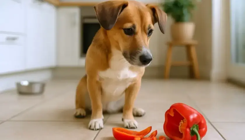 Zastanawiasz się, czy pies może jeść paprykę? Ten uroczy piesek siedzi obok czerwonej papryki, jakby rozważał, czy to dla niego bezpieczny przysmak.