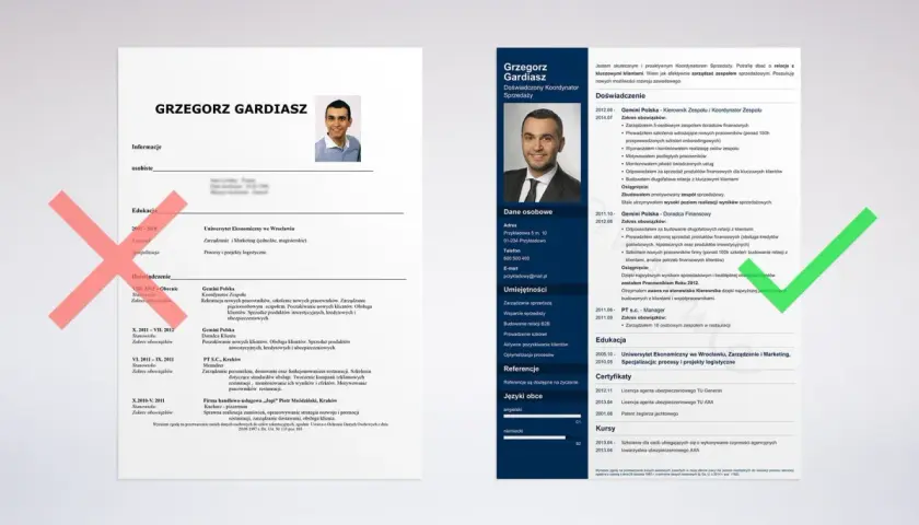 Zdjęcie przedstawia fragment CV z zaznaczonymi na czerwono błędami i zielonym zaznaczeniem poprawnych elementów.