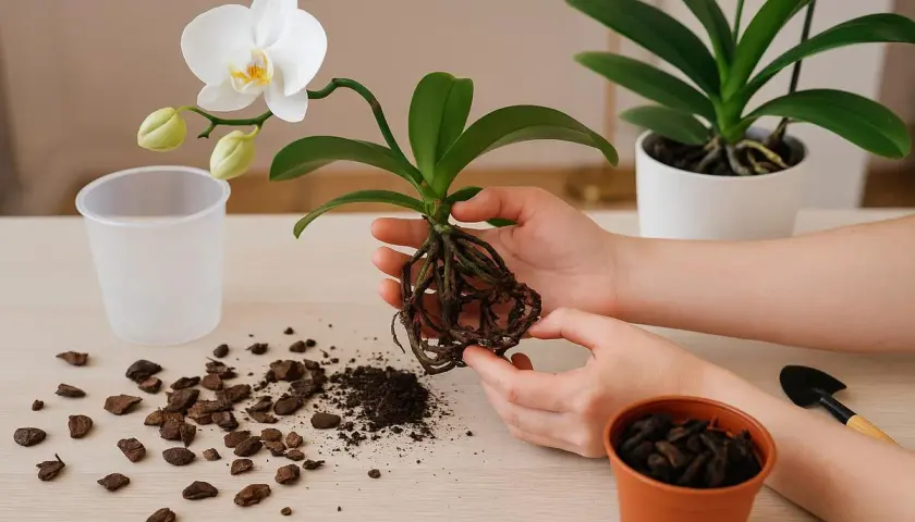 Hände halten eine Orchidee mit gesunden Wurzeln bereit zum Umtopfen. Rindenmulch und Erde liegen daneben.