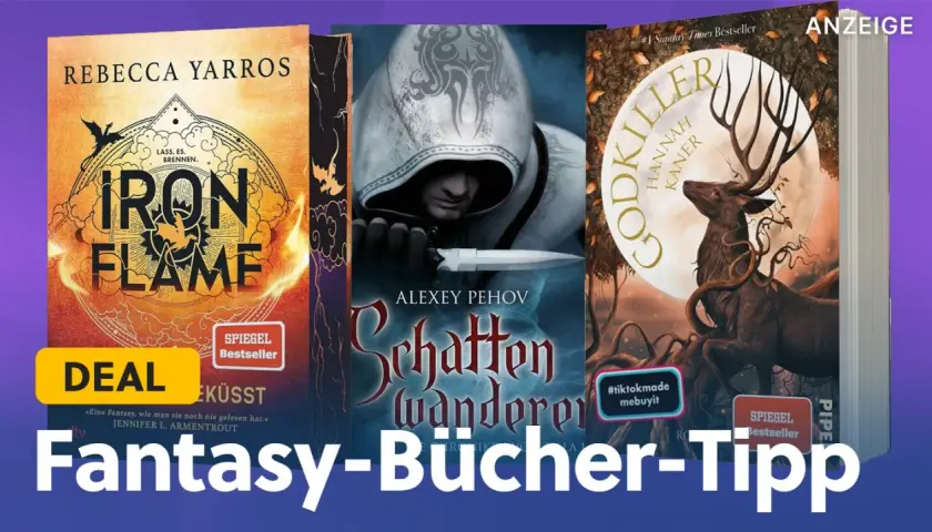 Drei Cover von Fantasy-Romanen: "Iron Flame", "Schattenwanderer" und "Godkiller". Ein Tipp für Leser von Fantasy-Büchern.