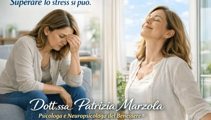 Donna stressata sul divano e poi serena, con la frase "Superare lo stress si può". Aiuto per la gestione dello stress lavorativo.