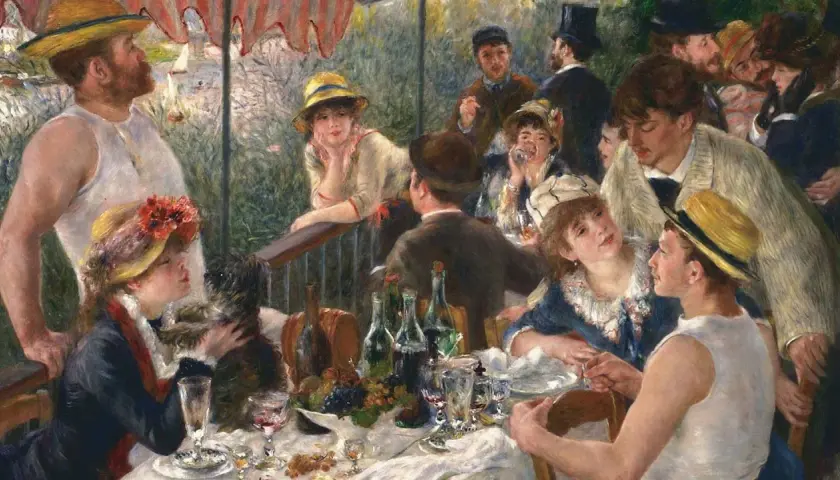 Obiad u Renoir'a, w muzeum impresjonistów w Paryżu. Ludzie w letnich strojach, z psem, przy stole z winem i owocami.