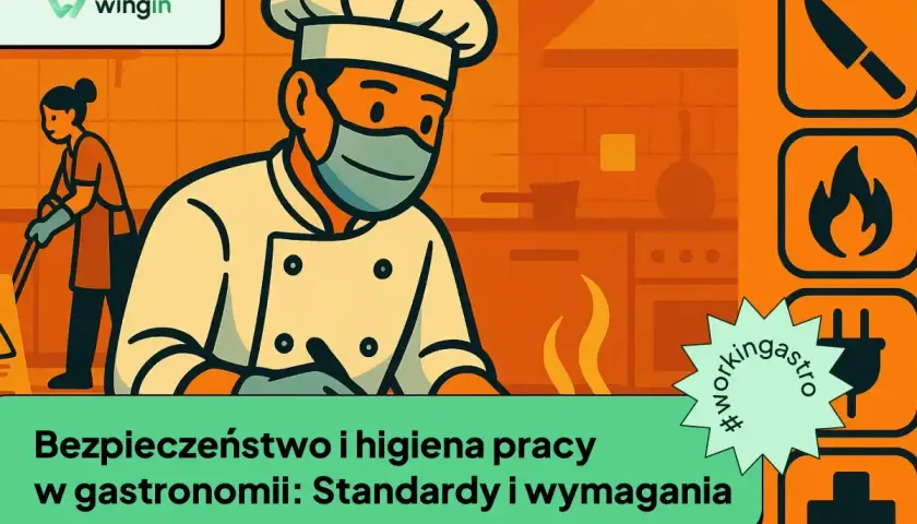 Szef kuchni w masce i pracownica sprzątająca ilustrują obowiązki pracodawcy w zakresie BHP w gastronomii.