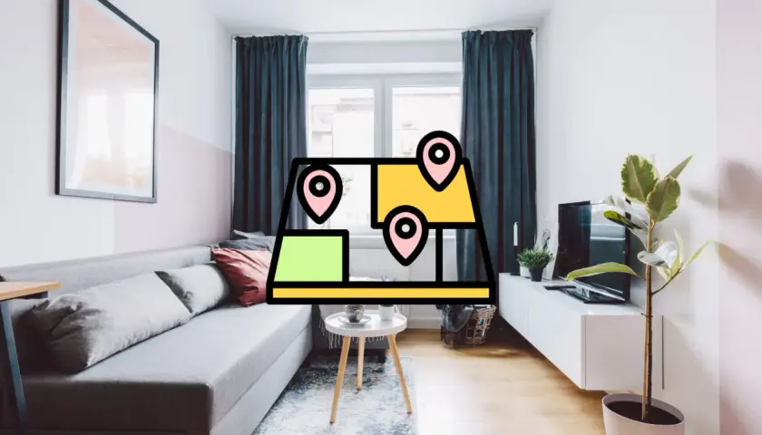 Un salon moderne avec un canapé gris, une table basse et une plante. Une carte stylisée avec des repères suggère un projet de home staging sans vente.
