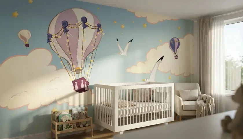 Aménagement chambre bébé avec mur décoré de montgolfières et d'oiseaux. Un berceau blanc, un fauteuil confortable et une étagère à livres complètent la pièce.