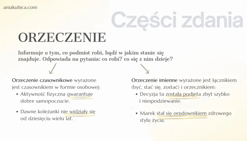Orzeczenie informuje, co podmiot robi lub w jakim jest stanie. Czasownik jest kluczowy w zdaniu, np. "gwarantuje", "widziały", "została podjęta", "stał się".