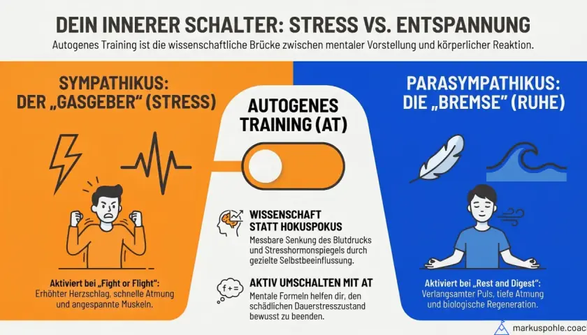 Autogenes Training hilft, Stress im Studium zu bewältigen. Links der gestresste Sympathikus, rechts der entspannte Parasympathikus.