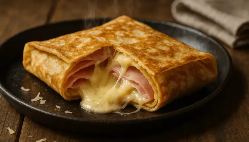 Crêpe garnie de jambon et de fromage fondant, dégageant une vapeur appétissante. Un délice simple et réconfortant.