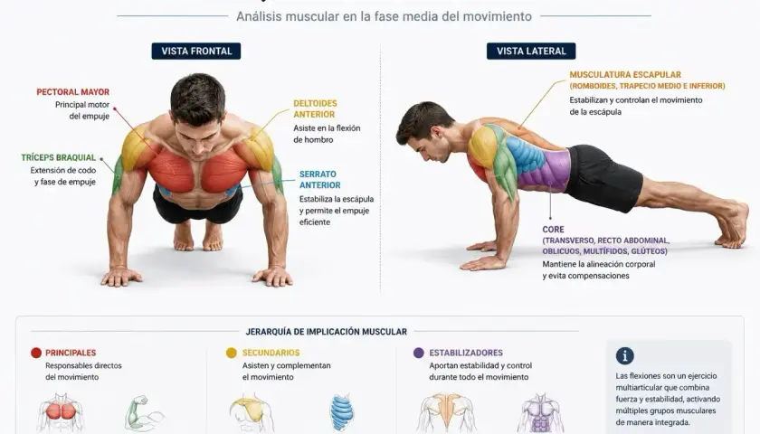 Análisis muscular de los músculos que trabajan en un push up, mostrando vista frontal y lateral, con énfasis en el pectoral mayor y tríceps.