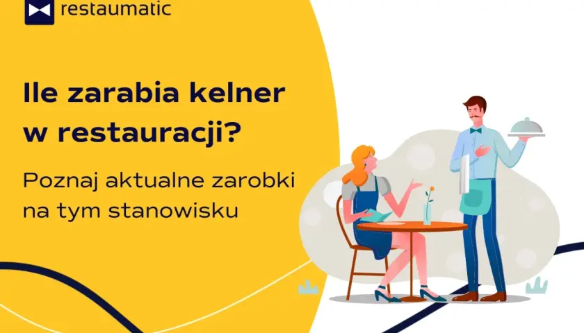 Ilustracja kelnera podającego danie klientce w restauracji.