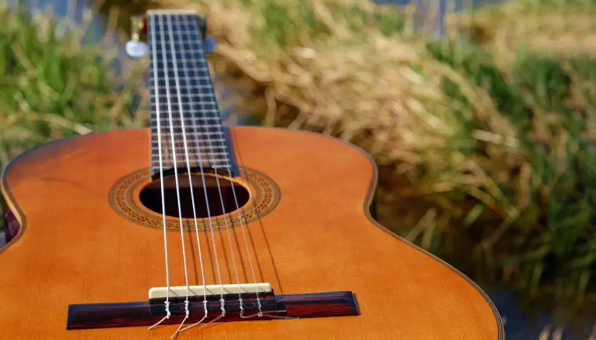 Klasyczna gitara z nylonowymi strunami na tle trawy. Zastanawiasz się, ile kosztują struny do gitary?