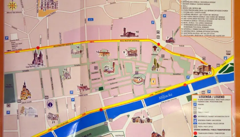 Mapa Baščaršije w Sarajewie: zobacz zabytki, muzea i meczety. Znajdź drogę do zabytków, które warto zobaczyć w Sarajewie.