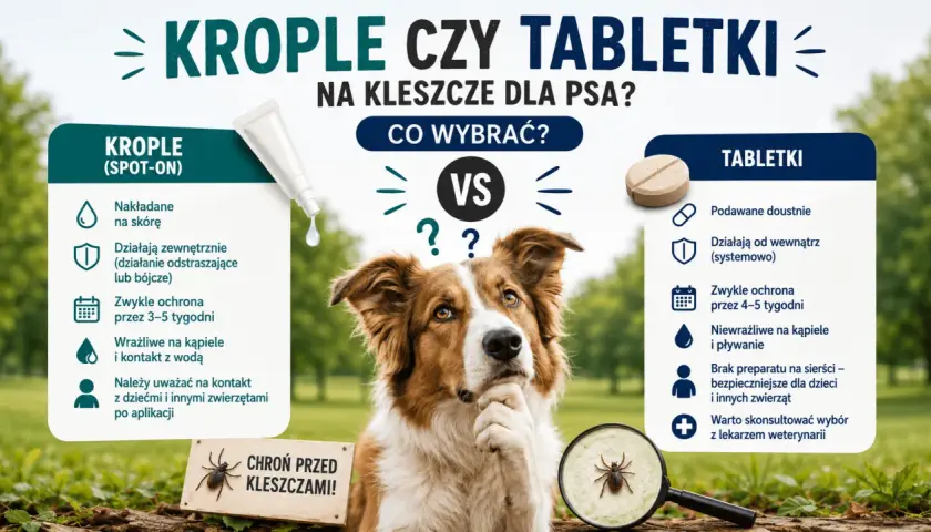 Co najlepsze na kleszcze dla psa? Porównanie kropli i tabletek. Piesek zastanawia się nad wyborem ochrony.