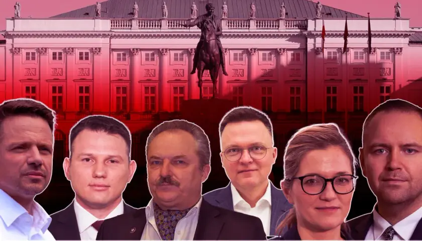 Sześciu polityków na tle Pałacu Prezydenckiego. Czy to oni są odpowiedzią na pytanie, dlaczego w sondażach aż 60 procent Polaków chce prezydenta niezależnego od partii?
