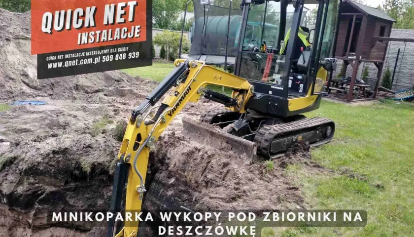 Minikoparka wykonuje wykopy pod zbiorniki na deszczówkę. Sprawdź nasze usługi minikoparką cennik! Tel. 506 78 79 78.
