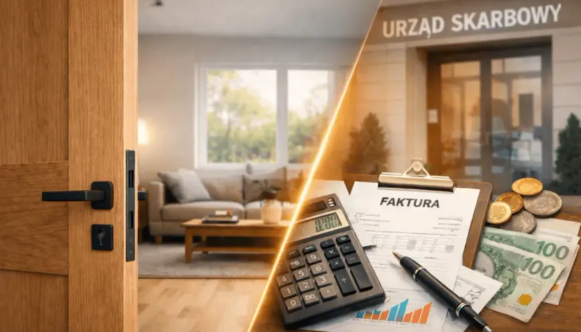 Drzwi do domu i biurka z fakturą, kalkulatorem i pieniędzmi. Czy drzwi wewnętrzne można odliczyć od podatku?