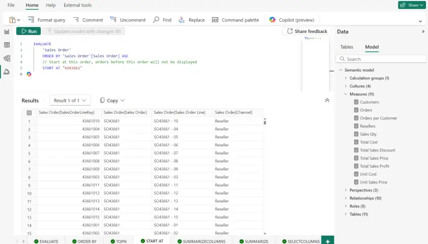 Finestra DAX Studio con query DAX in esecuzione e risultati che mostrano ordini di rivenditori.