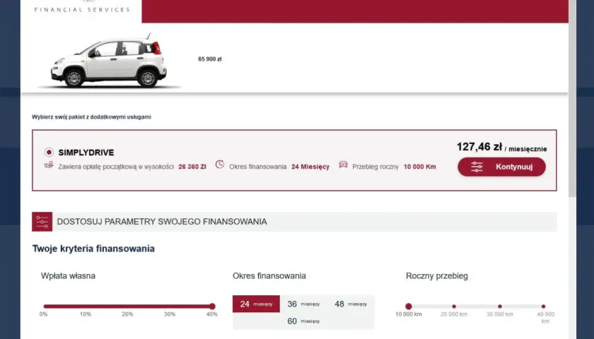 Strona z ofertą finansowania samochodu Fiat. Widoczny biały Fiat Panda, cena 65 900 zł, miesięczna rata 127,46 zł. Możliwość dostosowania parametrów finansowania.