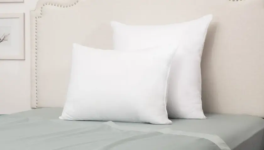Two white pillows on a bed. The front pillow is a euro sham, while the larger one behind it is a standard sham, showcasing their size difference.