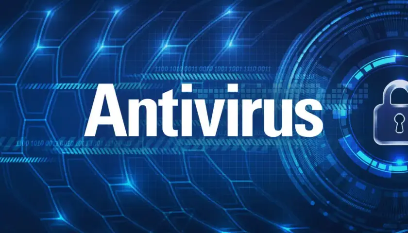 Niebieskie tło z cyfrowym wzorem, napisem "Antivirus" i ikoną kłódki.