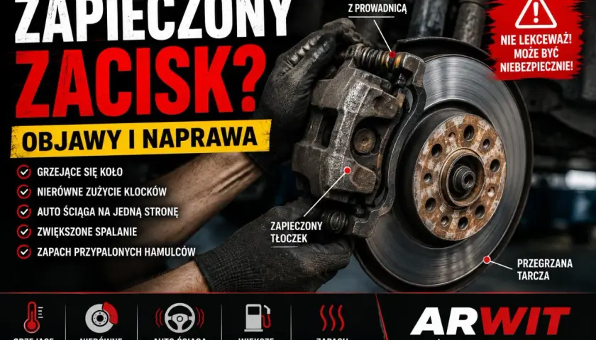 Hamulec samochodowy z zaciętym tłoczkiem i przegrzaną tarczą.