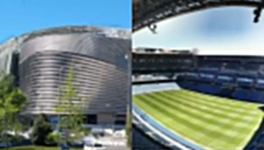 Nowe Santiago Bernabeu w budowie, z nowoczesną fasadą i widokiem na zieloną murawę stadionu.