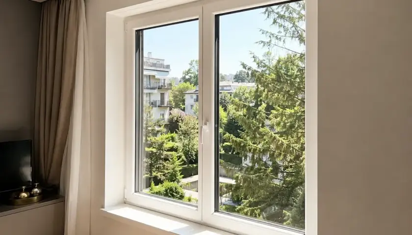 Finestre insonorizzate funzionano: vista serena su alberi e palazzi, con tende che creano un'atmosfera tranquilla.