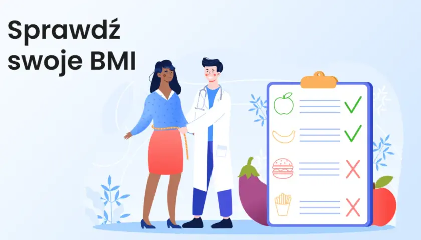 Lekarz mierzy obwód talii pacjentki, by pomóc jej dowiedzieć się, jak obliczyć BMI. Na tablicy lista zdrowej żywności.
