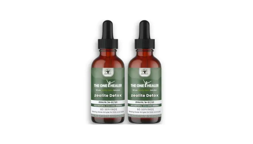 Dos frascos de "The One Healer" con solución de zeolita para desintoxicación familiar. La zeolita es un mineral volcánico natural.