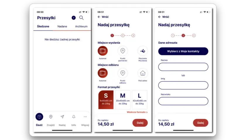 Aplikacja Pocztex: wybierz miejsce wysłania, odbioru i format paczki, by nadać przesyłkę.