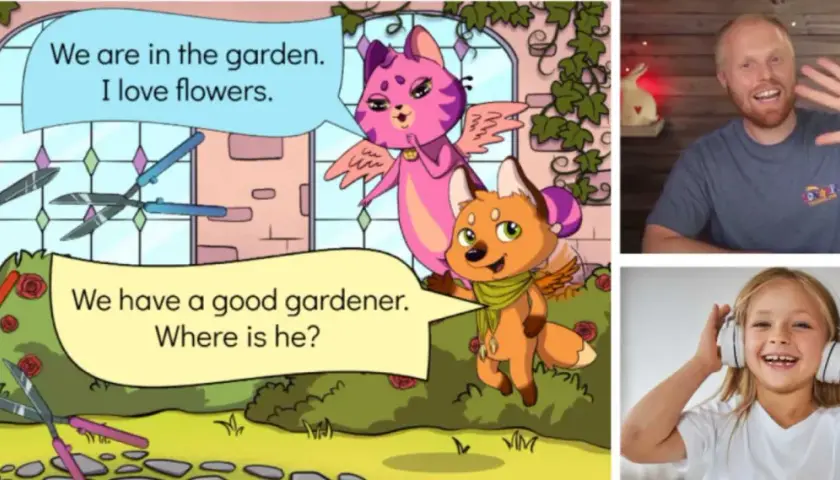 Dibujo animado de gatitos en un jardín, ideal para clases extraescolares en inglés. Un hombre saluda y una niña escucha música.