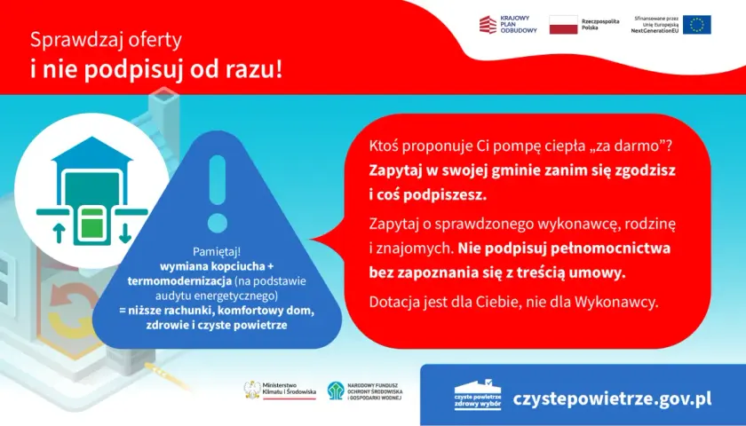 Grafika promuje termomodernizację budynku i wymianę kopciucha. Zachęca do sprawdzania ofert i niepodpisywania umów bez zapoznania się z treścią.