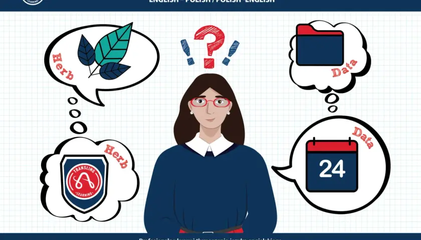 Kobieta myśli o "herb" (zioło) i "data" (termin), ale te słowa to **false friends** w języku angielskim i polskim.