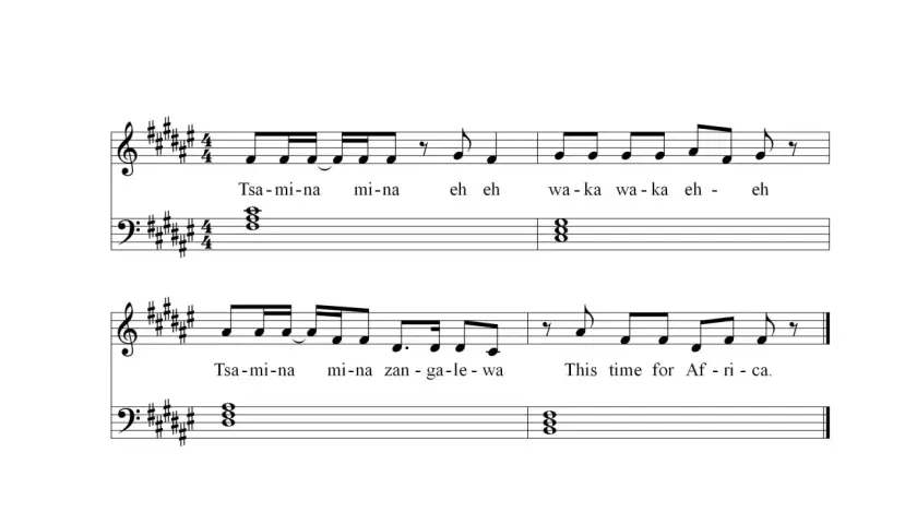 Proste piosenki na pianino z tekstem "Tsa-mi-na mi-na" i "This time for Africa".