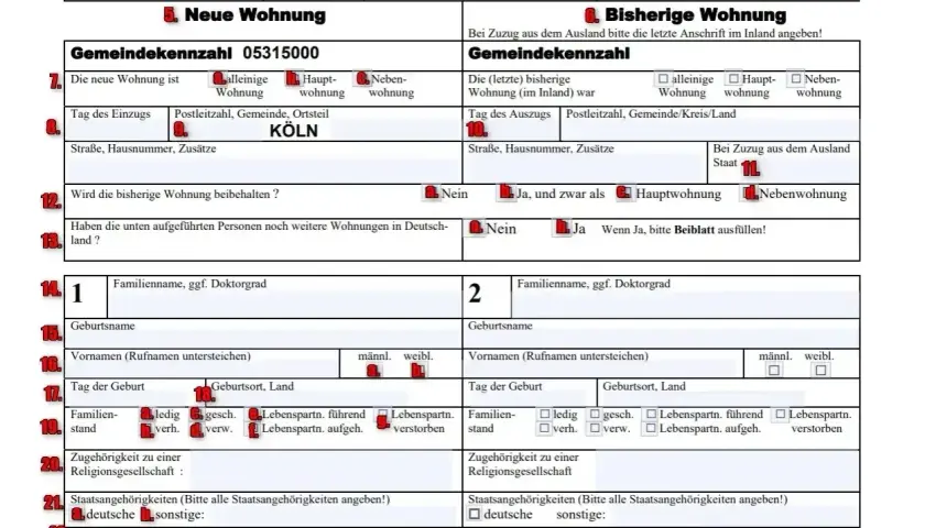 Formular zur Anmeldung einer neuen Wohnung. Wichtige Felder sind: Gemeindekennzahl, Adresse, Tag des Einzugs, Familienname, Geburtsname, Geburtsdatum und Staatsangehörigkeit.
