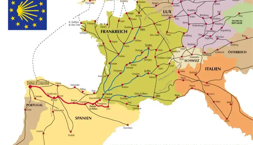 Mapa szlaków pielgrzymkowych Camino de Santiago, ukazująca trasy przez Francję, Hiszpanię, Portugalię i inne kraje Europy.