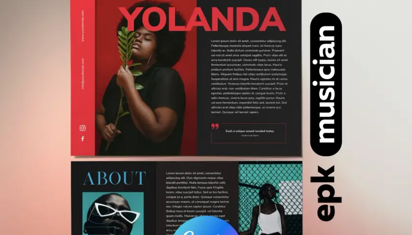 Press kit artiste : Yolanda, musicienne, avec ses photos et sa biographie.