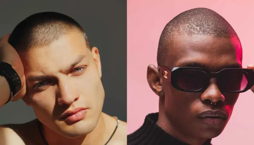 Dos hombres con corte de pelo hombre adulto. Uno con la mano en la cabeza, el otro con gafas de sol.